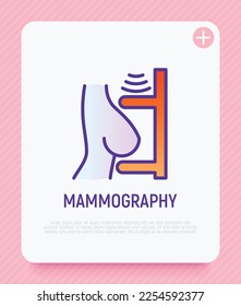 Mammography thin line icon: female breast in scanner. Laboratory research. Modern vector illustration.