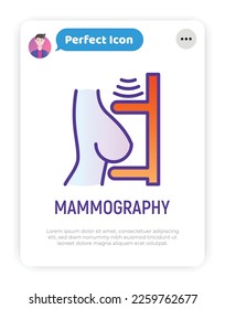 Mammography thin line icon: female breast in scanner. Laboratory research. Modern vector illustration.