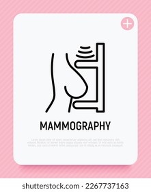 Mammography thin line icon: female breast in scanner. Laboratory research. Modern vector illustration.