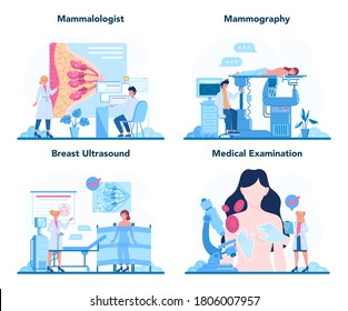 Mammologist concept set. Consultation with doctor about breast cancer. Idea of healthcare and medical examination. Breast ultrasound and mammography, diagnostic of oncology. Vector illustration