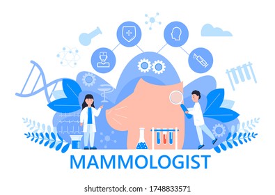 Mammologist concept vector for medical web, app, blog. Tiny doctors  of mammology treat breast cancer. National breast cancer awareness month illustration.