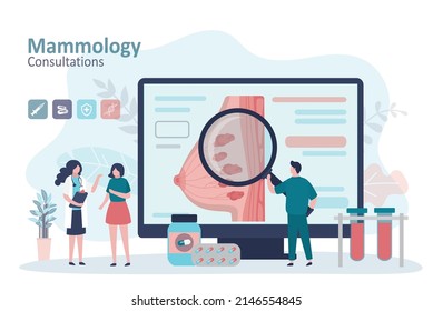 Mammologist consults patient at reception. Specialist examining breasts. Doctor prescribes medicines to woman. Mammalogy concept. Man diagnoses diseases of mammary glands. Flat vector illustration