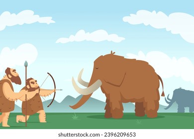 Mammoth. Ancient hunters. cartoon vector background