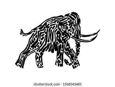 Mammoth animal decorative vector illustration painted by ink, hand drawn grunge cave painting, black isolated walking elephant silhouette on white background.