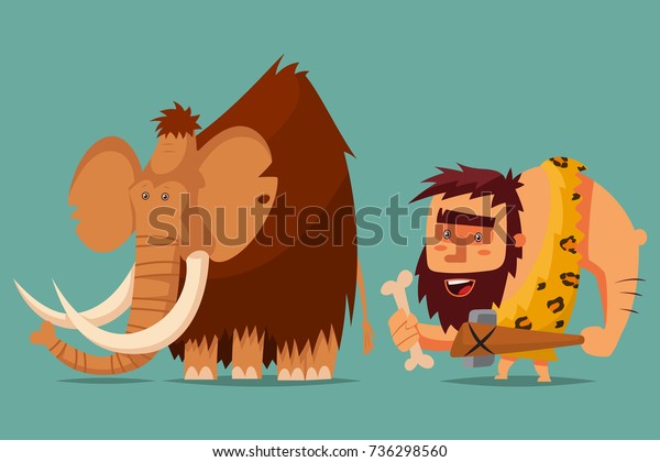 Mammoth and caveman with a stone age\
weapon in his hand. Vector cartoon illustration of a primitive\
Neanderthal man hunting for a prehistoric\
animal.