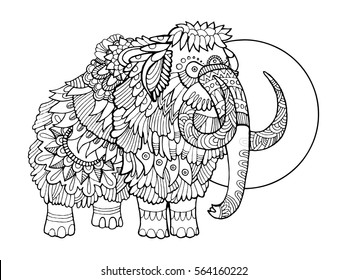 Mammoth coloring book vector illustration. Anti-stress coloring book for adult. Tattoo stencil. Black and white lines. Lace pattern