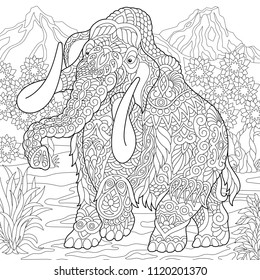 Mammoth. Extinct elephant of the Pleistocene epoch. Coloring page. Colouring picture. Coloring book. Freehand sketch drawing. Vector illustration.