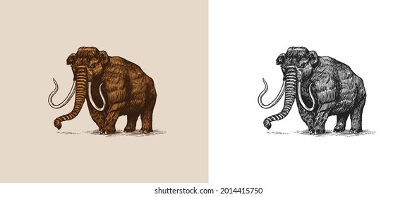 Mammot oder ausgestorbener Elefant. Gespeicherte Säugetiere oder Roboter. Grosses Tier. Vintage-Retro-Schilder. Doodle-Stil. Handgezeichnete Skizze.