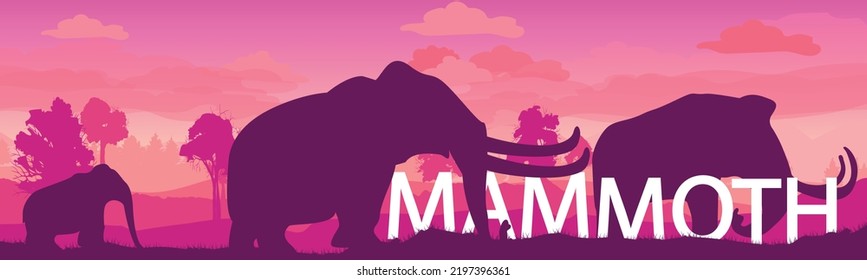 Mammoth family. A flock of prehistoric elephants in a beautiful landscape. Giant animal of the Jurassic period. Prehistoric mammoth and cub on a plain with fir trees and grass. vector illustration