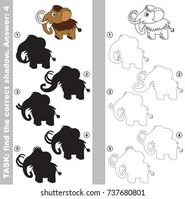 Mammoth to find the correct shadow, the matching educational kid game to compare and connect objects and their true shadows, simple gaming level for preschool kids.