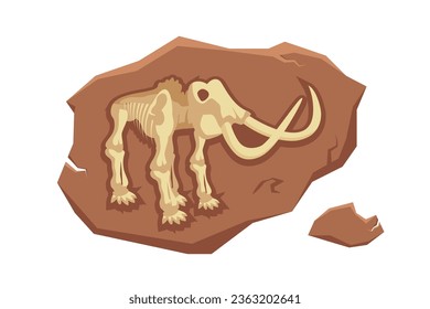 Ilustración de mamut fósil vectorial. Caricatura aisló la silueta del personaje del dino jurásico dentro de la piedra subterránea, huesos del esqueleto y cráneo de animal prehistórico muerto, viejo monstruo extinguido mesozoico.