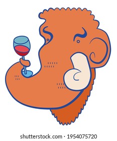 Mammoth with a glass of wine with cartoon style