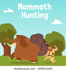 Antecedentes de la caza de mamut con un hombre de caverna armado vestido de piel de animal. Piedra prehistórica edad de las personas primitivas estilo de vida tribal, ilustración vectorial plana.