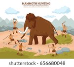 Mammoth hunting background with people mammoth and weapons flat vector ilustration