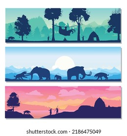 Mammoth hunting. A set of prehistoric animal panorama Primitive hunters and saber-toothed tigers in a beautiful landscape. vector illustration.