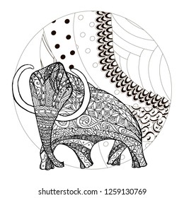 Mammoth on hill monochrome zentangle style sketch circle design element stock vector illustration for web, for print