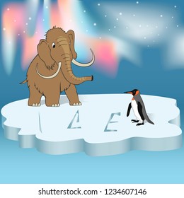 Mammoth with a penguin on the ice on the background of the Northern Lights