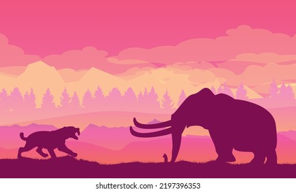 Mammoth. Prehistoric elephant in a beautiful landscape. Giant Jurassic animal in silhouette. vector illustration