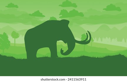 Mammoth. Prehistoric elephant in a beautiful landscape. Giant Jurassic animal in silhouette. vector illustration