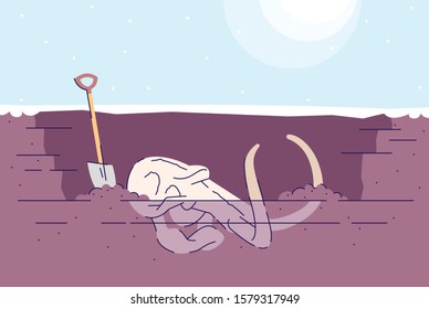 Mammoth skull excavation flat vector illustration. Prehistoric animals studying. Paleontological researching. Learning of evolution. Bones of extinct animal in ground, shovel cartoon background