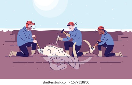 Mammoth skull excavation flat vector illustration. Paleontological observations. Prehistoric animal researching. Earth evolution study. Three men digging ancient bones cartoon characters