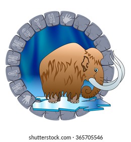 The mammoth, standing on the ice, on the background of the Northern lights in the stone circle