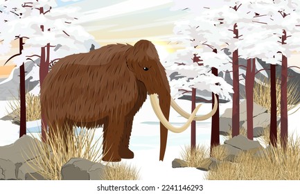 Mammoth stands in a mountain valley. Prehistoric animals and plants. ice age. Extinct animals of Siberia, Eurasia and North America. Realistic Vector Vertical Landscape