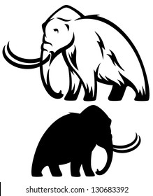 mammoth vector illustration - prehistoric elephant black and white outline and silhouette