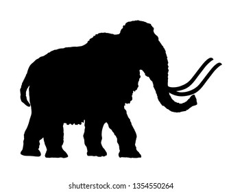 Mammoth Vector Silhouette Illustration Isolated On White Background. Prehistoric Wooly Mammoth With Tusks Isolated.