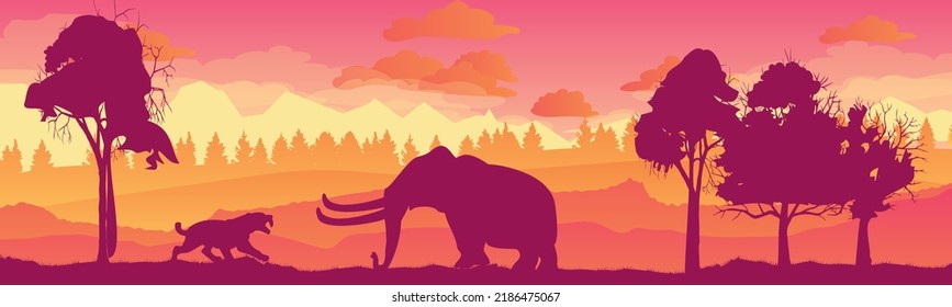 Mammoth vs saber-toothed tiger. Prehistoric vector beautiful landscape. elephant and tiger. Giant Jurassic animal in silhouette.