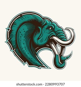 Mammoth or wild animal roaring muzzle for sport team mascot. Vector isolated flat icon of wildcat Peacock predator symbol for blazon, badge or hunting nature adventure club.