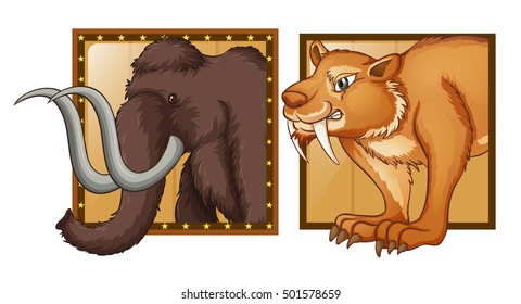 Mammoth and wild tiger on badges illustration