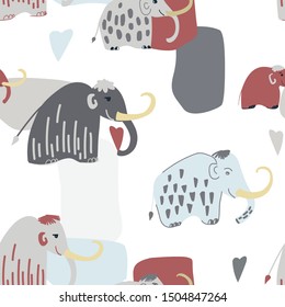 Mammoths. Childish seamless pattern. Vector hand-drawn illustration for fabric, wrapping, textile, wallpaper, clothes.