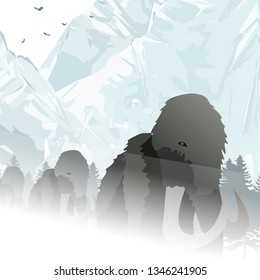 Mammoths with mountains on background! Vector! Layered!