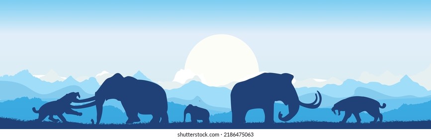 Mammoths Protect Their Baby From A Saber-toothed Tiger. Fight Of Prehistoric Animals. Panorama. Ancient Animal. Snow Landscape. Vector