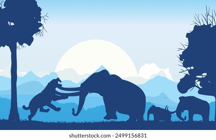 Los mamuts protegen a su bebé de un tigre dientes de sable. Lucha de animales prehistóricos.  Antiguo animal. Paisaje de nieve. Vector