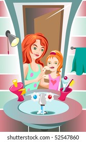Mammy is brushing her daughter's teeth