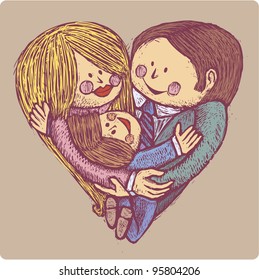 Mammy, daddy and son in a heart shape family composition in engrave style