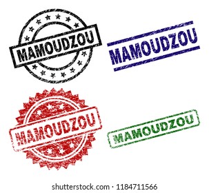 MAMOUDZOU seal stamps with damaged surface. Black, green,red,blue vector rubber prints of MAMOUDZOU text with dust surface. Rubber seals with circle, rectangle, medallion shapes.