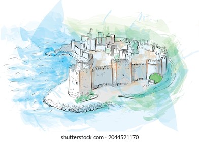 Mamure castle turkey vector hand drawing water color