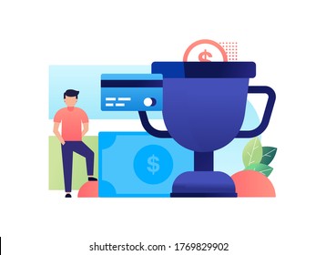 A man with a 100% focus can reach his goals to be success people. Now he has a trophy, lot of money and growing asset. Hardwork make success. Specta vector Illustration with minimalism