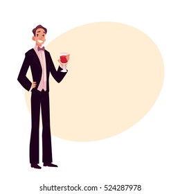 Man in 1920s style smoking and bow tie at a vintage party, cartoon style vector illustration on background with place for text. 