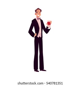 Man in 1920s style smoking and bow tie at a vintage party, cartoon style vector illustration isolated on white background. Young man in stylish black vintage suit holding a glass of wine