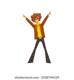 Man in 1980s style clothes dancing disco at music party vector Illustration on a white background