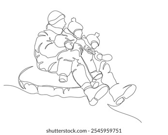 Man with 2 little boys tubing down hill in winter season. Family time. Continuous line drawing. Black and white vector illustration in line art style.