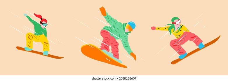 Man and 2 women doing sports exercises on a snowboard. Vector graphic illustration
