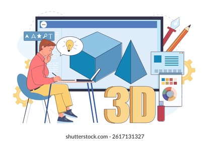 Man 3d designer. Young guy modeling cube and pyramid. Graphic designer creating isometric design elements for website. Creativity and art. Linear vector illustration