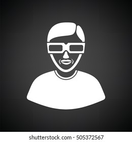 Man with 3d glasses icon. Black background with white. Vector illustration.