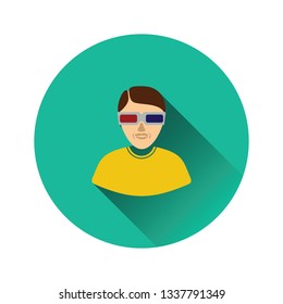 Mann mit 3D-Brille Symbol auf grauem Hintergrund, runder Schatten. Vektorgrafik.