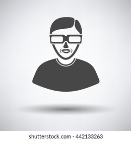 Man with 3d glasses icon on gray background, round shadow. Vector illustration.